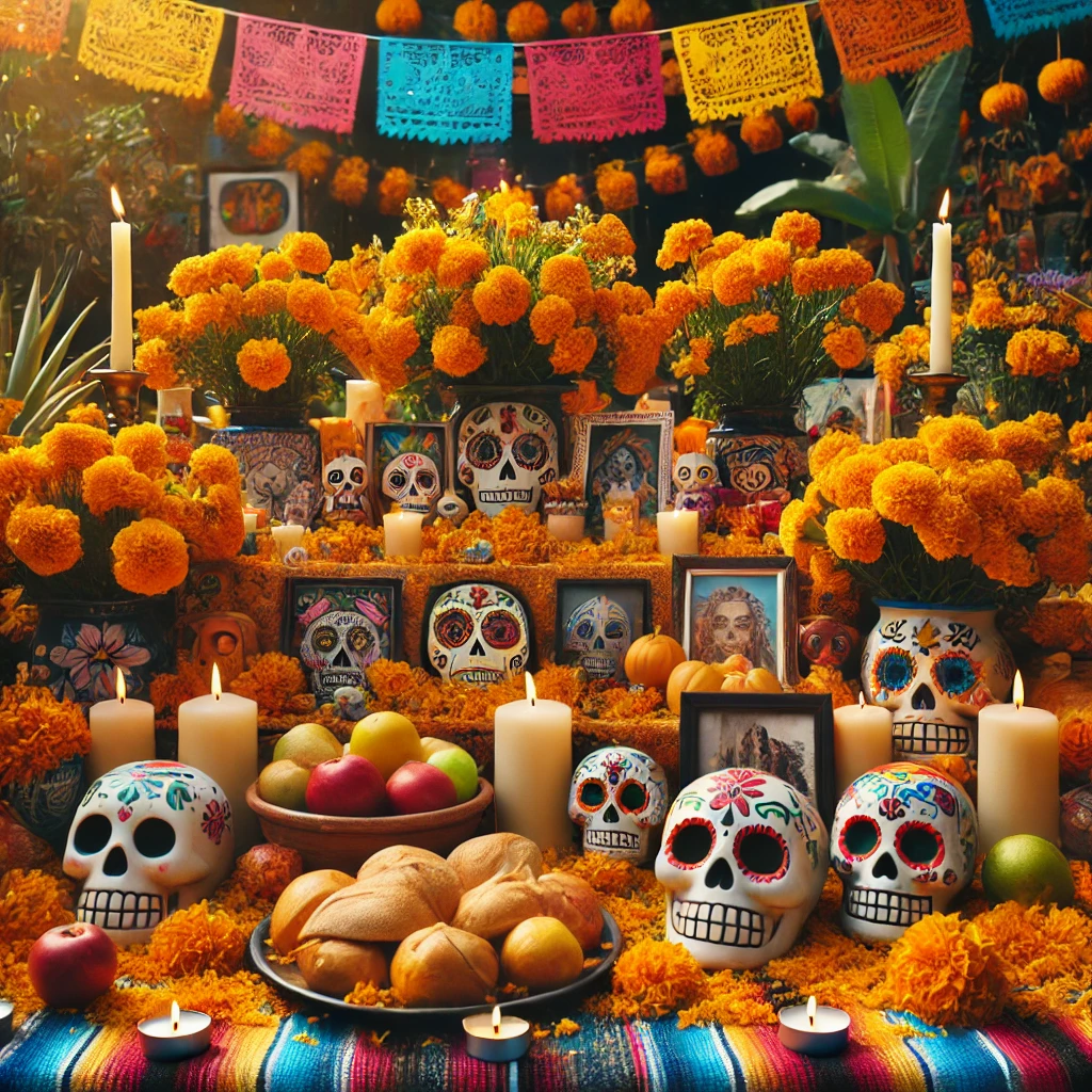 A colourful Day of the Dead altar, filled with marigold flowers, candles, and sugar skulls, with offerings of fruits, bread, and photos of deceased loved ones, glowing in the festive atmosphere.
