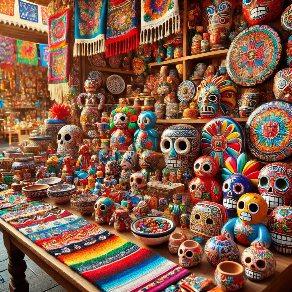 A vibrant Mexican handicraft market stall with colourful alebrijes, Talavera pottery, and Huichol beadwork, arranged on a wooden table in a lively marketplace setting.
